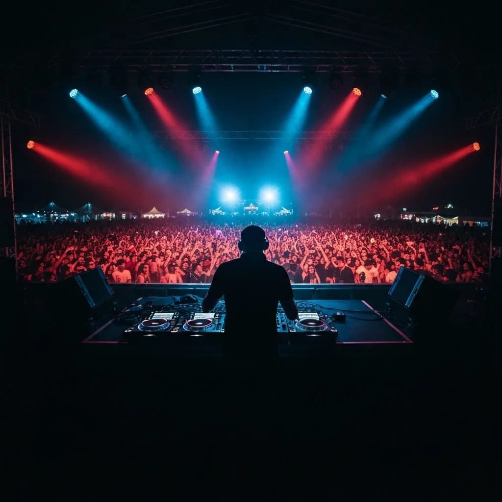 DJ booth with crowd from behind